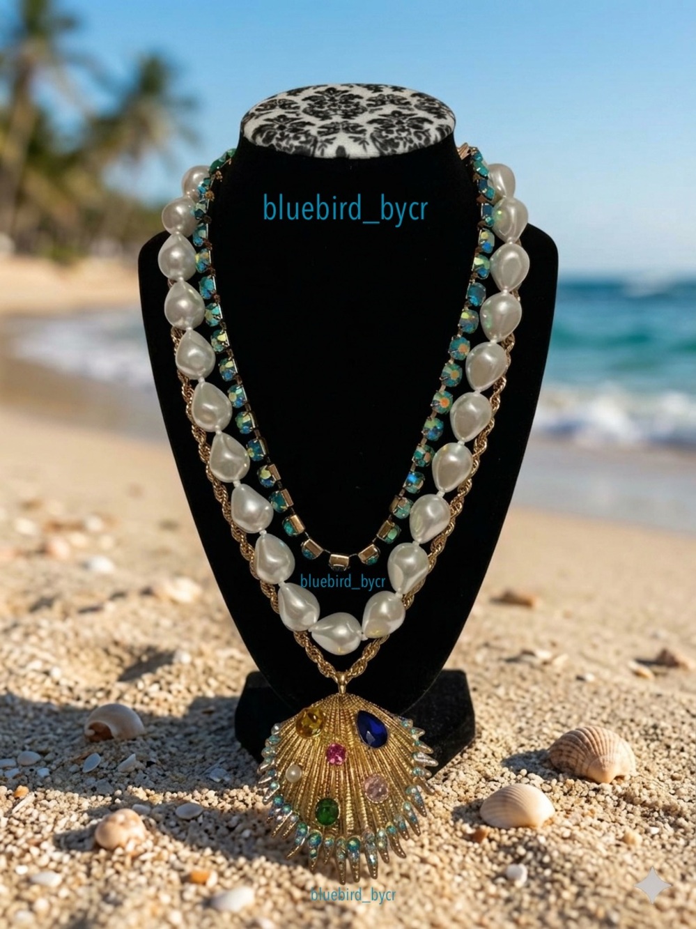 Gold Shell Pendant Necklace with White Pearls and Blue-Green Crystals